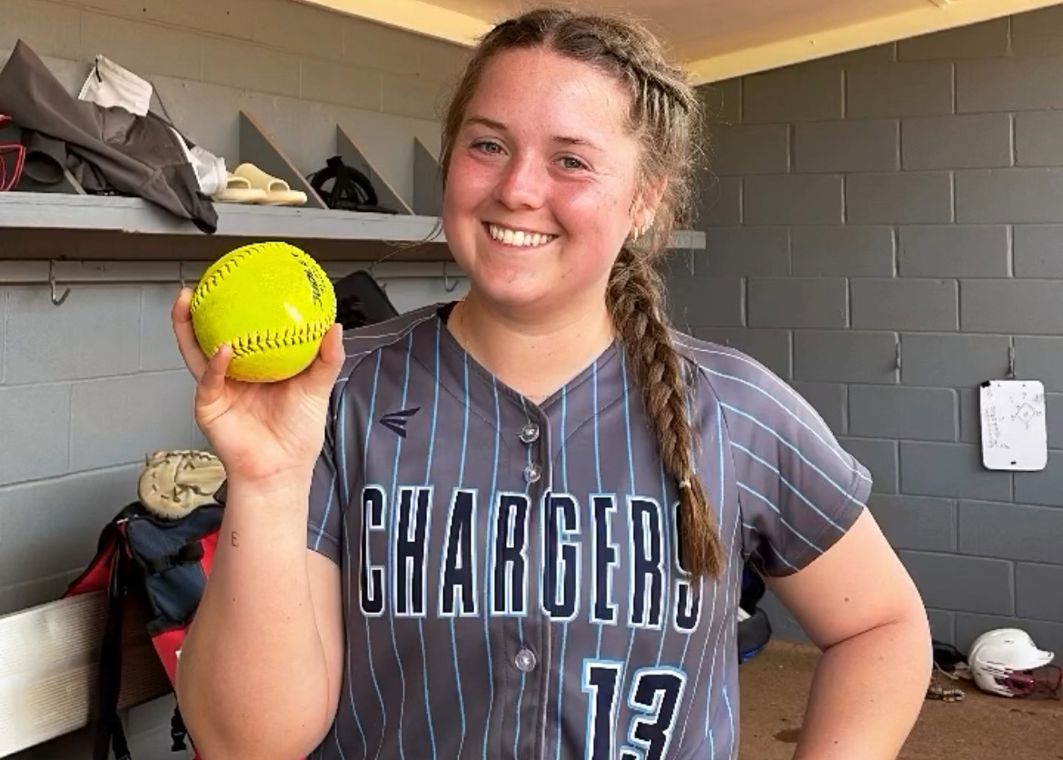 Kaitlyn Egenes with her home run ball Tuesday at Coastal Alabama-South.